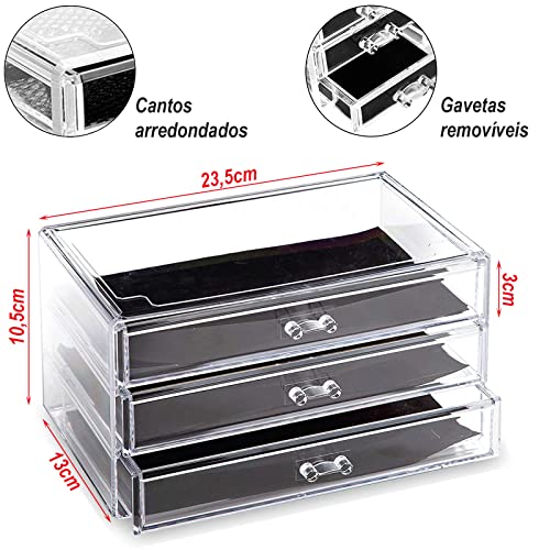 Organizador Caixa Acrílico Maquiagem Joias 3 Gavetas 912 - Lorben