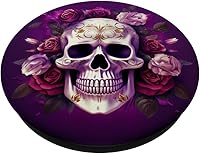 Vista 2 de Synthwave - Flores de otoño de calavera de azúcar, rosas blancas, moradas, PopSockets intercambiables