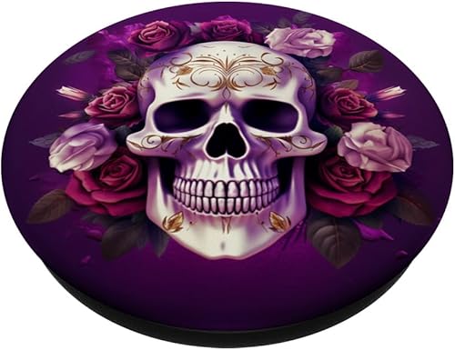 Miniatura 2 de Synthwave - Flores de otoño de calavera de azúcar, rosas blancas, moradas, PopSockets intercambiables