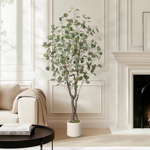 GarveeHome Artificial Eucalyptus Tree Indoor, 5 ft Tall Fake Artificial Plant with White...