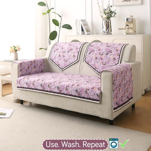Image of HOKIPO 'Florentina Series' Foam Filled Premium Holland Velvet Sofa Cover Mat for 2 Seater Sofa with Anti-Slip Backing, Peony Lavender (IN-879-V6)