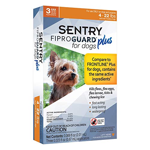 Sentry FIPROGUARD Plus for Dogs & Puppies 4-22 lbs. Topical Flea & Tick Treatment, 3 Month Supply, 3 CT