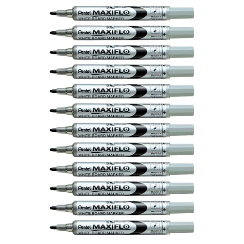 Pentel Maxiflo Lot de 12 Marqueurs effaçables à sec pour tableau blanc Pointe conique moyenne encre liquide Noire