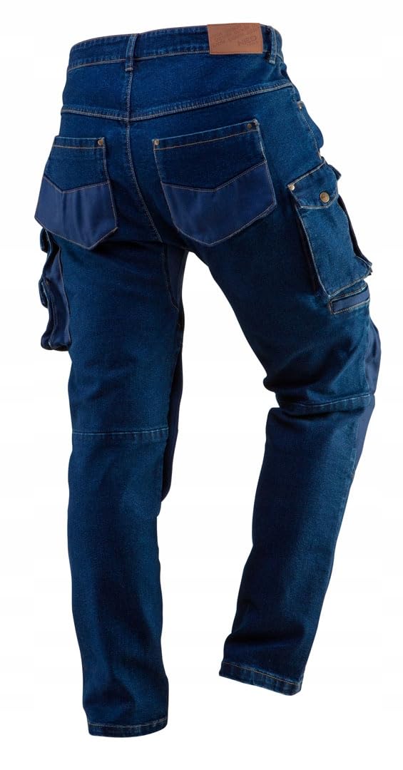 NEO TOOLS Pantaloni da lavoro in denim, da uomo con cintura, tessuto Oxford, tasca per ginocchiere, resistenti e universali, da lavoro, multi tasche, jeans da lavoro stretch