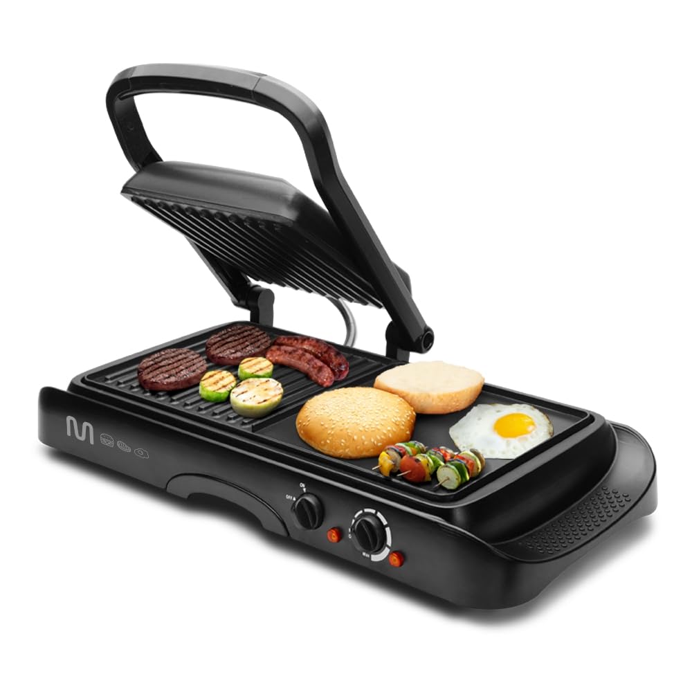 Grill 2 em 1 Chapa Lisa e Ondulada Antiaderente com Controle de