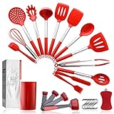 Pahajim Juego de Utensilios de Cocina Silicona,Resistente al calor y Antiadherente Utensilios Cocina de Silicona y Acero Inoxidable,Espátula,Cuchara,Batidor,Pinza,Etc. (Acero inoxidable - Rojo)