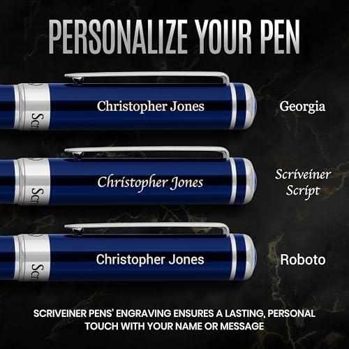Image of Scriveiner Personalized Midnight Blue Ballpoint Pen - Stunning Blue Lacquer Luxury Pen, Chrome Finish, Schmidt Ink Refill, Best Engraved Ball Point Gift Set for Men & Women, Custom Name Engraving