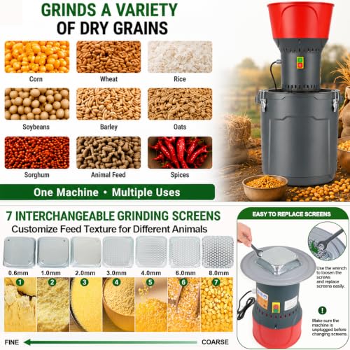 Image of 6.6 Gallon Electric Corn Grinder Mill for Chicken Feed, Grain Mill Grinder with 7 Sieves, Heavy Duty Feed Grinder for Corn, Wheat, Rice, Flour, Livestock Feed, Farm & Homestead Use-Red