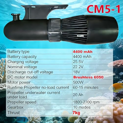 Elektrischer Unterwasser-Scooter, 500 W, 40 m freies Tauchen, Schnorcheln, Seescooter, bürstenloser Motor, 60 Minuten, abnehmbarer Akku, Wasserroller für Pool (4400 mAh)