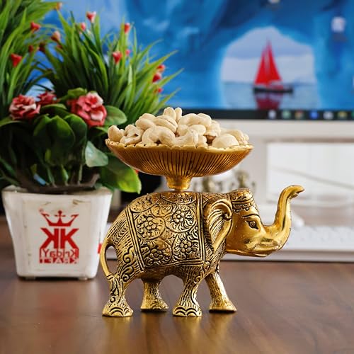 Image of KridayKraft Metal Elephant Dry Fruit Bowl Showpiece Gold Polish for Your Home,Office Table Decorative,Elephant Showpiece Bowl for Gift,Animal Figurines