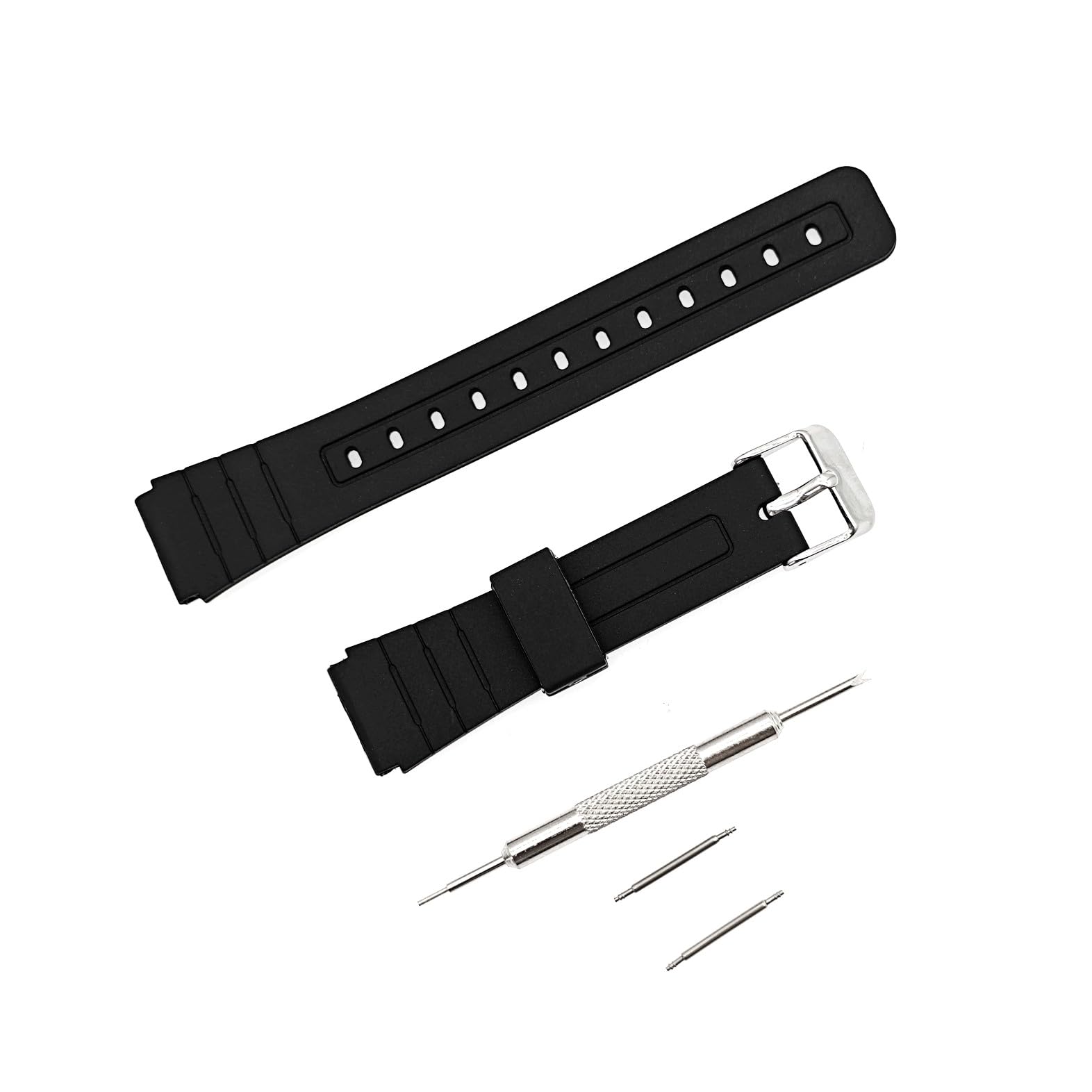 JZK Correa de reloj de repuesto para Casio F-91W F-84 F-93 F-94 F-98 F-105 F-106W F-108 F-201 W-59 A-158, correa de reloj de plástico negro con pasador de resorte y herramienta de extracción de correa