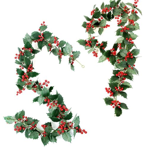 2 Piezas 200 cm Guirnalda NavideñA Frutos Rojos, Guirnalda Navidad Bayas Acebo Artificial Guirnalda, Flexibles para Armarios, Ventanas, Festivales, Fiestas, Interior y Exterior