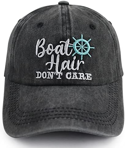 Boat Accessories Gifts for Women Men, Embroidered Boat Hair Don't Care Hat, Adjustable Cotton Sun Beach Fishing Boat Baseball Cap, Cruise Essentials Birthday Gift for Mom Dad Friends Boater Black