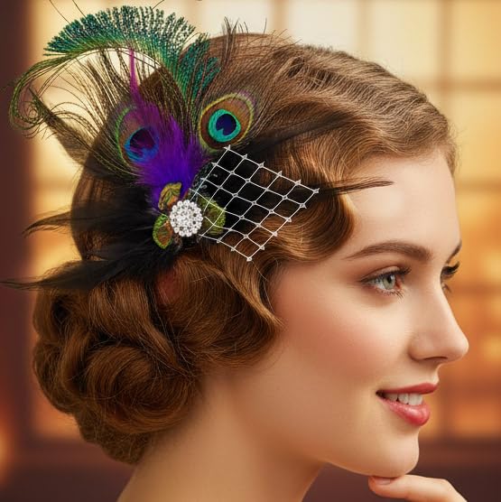 Yokawe Peacock Feather Hair Clip 1920s Fascinator with Rhinestone Flapper Prom Hair Accessories for Women - Image 8
