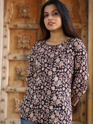 Image of Women's Floral Jaipuri Print Cotton Short Kurti - Sizes M, L, XL