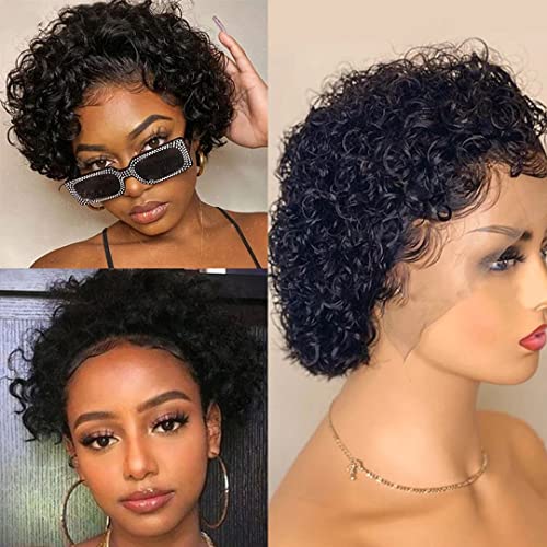 Smartinnov Short Pixie Cut Curly Bob Wig 13x1 Brazilian Human Hair 8 Inch 150% Density Lace Front Bob Wig Pixie Style 1B Natural Black for Women Pre Plucked Virgin Remy Hair Curly Pixie Bob Wig
