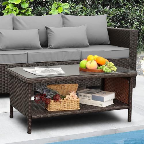 Rattaner Outdoor Wicker Coffee Table Patio Furniture Garden Rattan 2-Layer Glass Table With Storage And Furniture Cover thumb #1