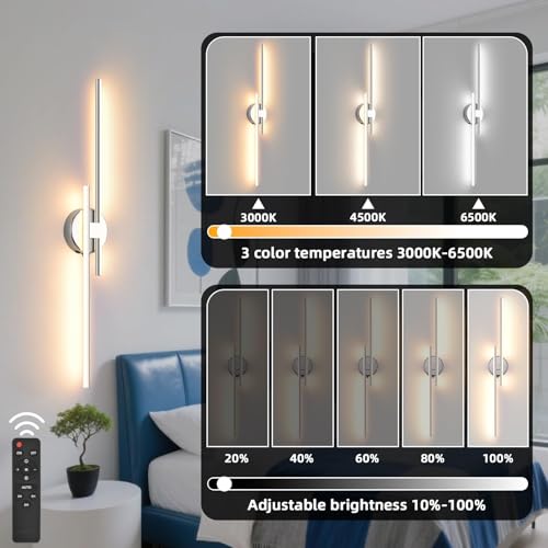 Image of Wireless Battery Operated Wall Sconces with Remote, USB Rechargeable Led Wall Lights, 3000K-6000K Wireless wall sconces for Bedroom, Hallway, Living Room, Chrome 31.4 inch Wall Light Set of Two
