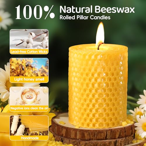 Image of Beeswax Pillar Candles,Non-Toxic Honeycomb Bees Wax Candle for Home,Yellow