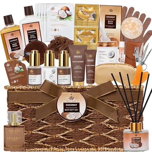 35 Pcs Coconut Vanilla Spa Gift Basket for Women & Men, Face Skin Care Set, Bath & Body Set, Self...