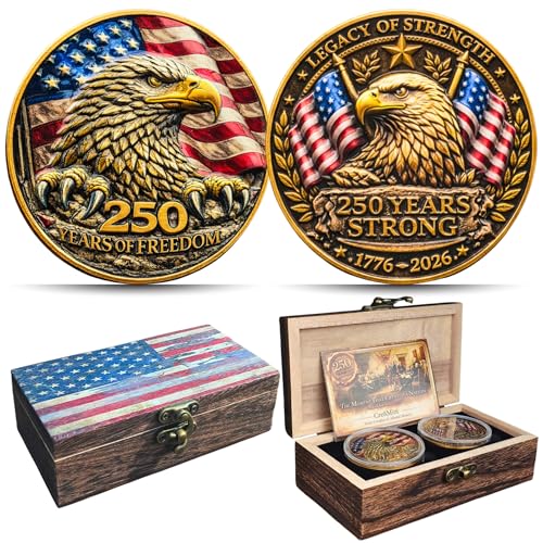 250th Anniversary USA Commemorative Coin Set with Wooden Gift Box, Patriotic Eagle & Liberty Bell Coins, 1776–2026 Freedom Keepsake, Veteran Gift, Collector’s Edition