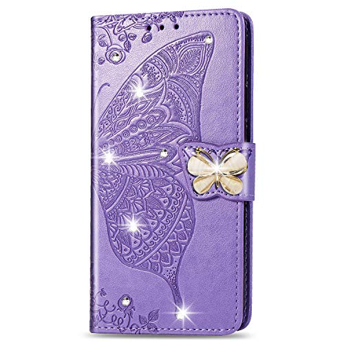 Image of Nokia 5.4 Case Glitter Bling Flip Shockproof Butterfly Floral PU Leather Wallet Case Women Girls with Stand Card Holder Silicone Bumper Folio Phone Cover for Nokia 5.4, Light Purple