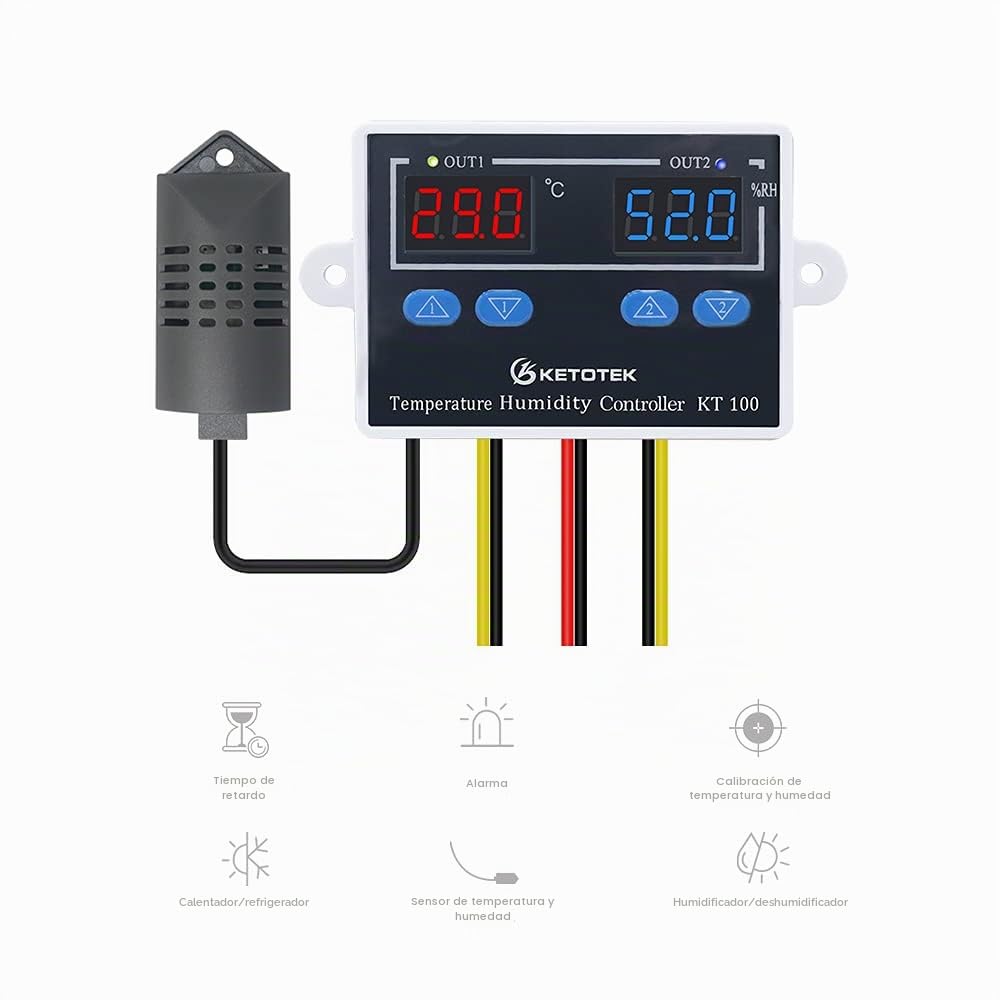 KETOTEK Controlador de temperatura y humedad, Digital termostato 220V Calentamiento Enfriamiento con Sonda, 10A De Salida Directa, para Incubadora Invernadero Reptil