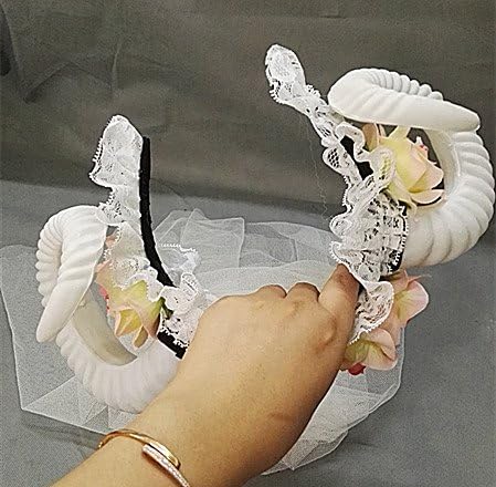 Gothic White Rose Gauze Sheep Horn Hoop Forest Animal Original Manual Aries Exhibition Cosplay Props Deluxe Costume Horns