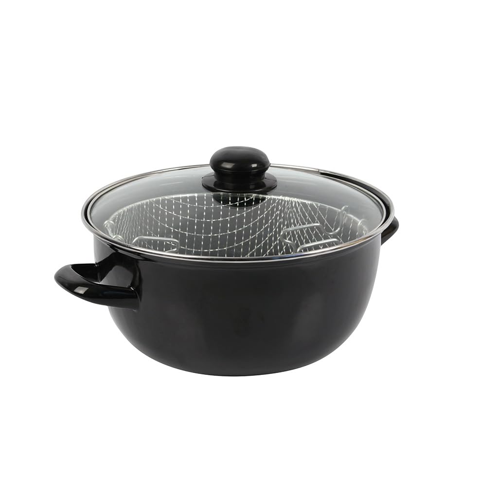 Crealys 545413 Friteuse Traditionnelle Ø26 cm en Acier Émaillé avec Panier & Couvercle Verre – Cuisson à l’Ancienne pour Frites Dorées & Croustillantes – Tous Feux Dont Induction