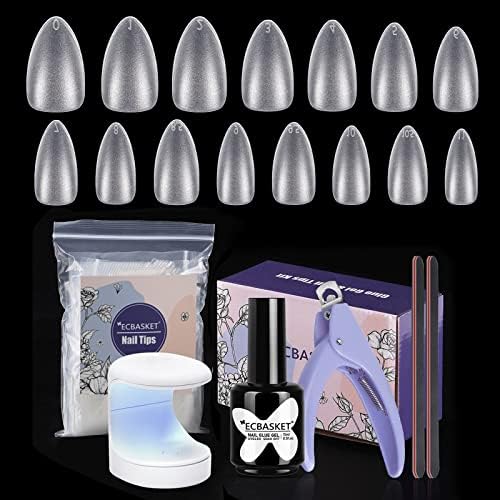 Gel Nail Kit Short Almond, Sof Gel Nail Tips and Gel Glue kit with U V Light, Gel Nail Extension Kit with 300pcs Pre-Etched Soft Gel Nail Tips, DIY Nail Art Tools Kit Home Manicure Kits