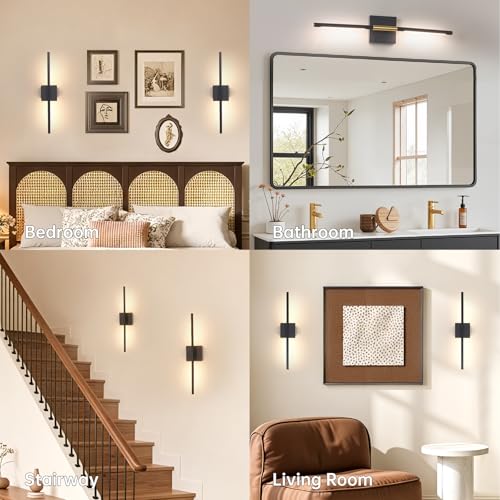 Image of Shenmoyl Battery Operated Wall Sconce Set of 2, 8000mAh Wireless Wall Sconces, 3000K-6000K Dimmable, 350Rotate, Indoor Wall Lights with Remote for Bedroom Living Room Bathroom, Black, 23.6 Inch