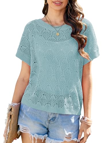 Women Crochet Sweater Cap Short Sleeve Summer Sweatwers Hollow Out See Through Knit Tops