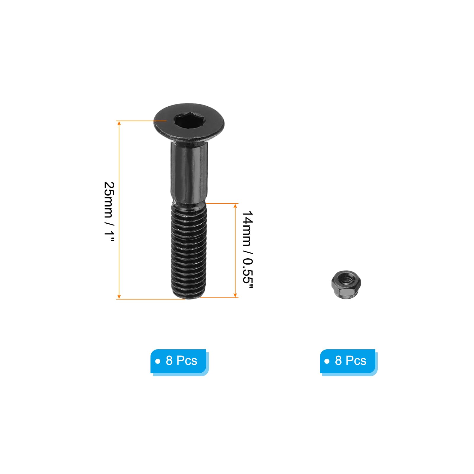 Kit de Hardware para Skateboard PATIKIL 1" 8 Piezas Tornillos Acero Carbono Grado 8.8 Negro