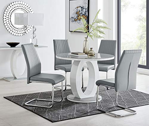 Furniturebox UK Giovani Modern Stylish Grey/White High Gloss and Glass 100cm Round Dining Table and 4 Modern Lorenzo Chairs Set (Dining Table + 4 Grey Lorenzo)