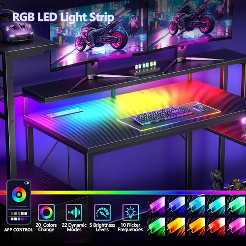 Image of Korfile 48 Inch Gaming Desk with LED Lights & Power Outlets,Computer Desk with Fabric Drawers & Side Hook,Reversible Gamer Table with Monitor Stand for Game Room,Home Office,Carbon Fiber Black