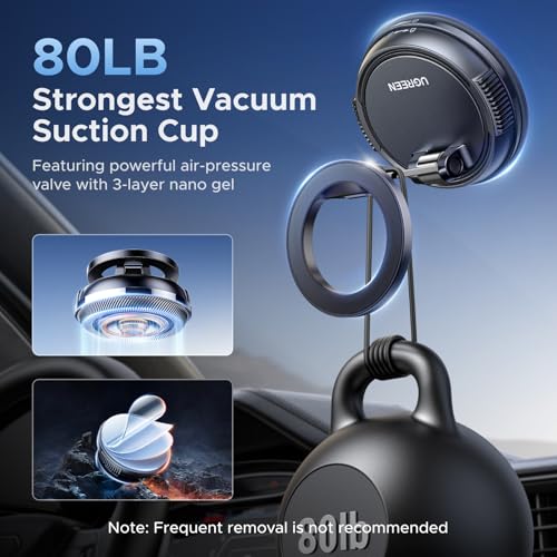 Image of UGREEN Car Phone Holder for Magsafe, [80+LBS Strongest Suction & 2500gf Strongest Magnetic] Magnetic Phone Holder with Suction Cup，360 Rotatable Magsafe Car Mount for iPhone 17 16 15 14 13 12 Series