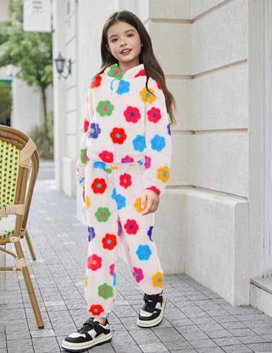 Image of Arshiner Girls 2 Piece Outfits Sweatsuit Fuzzy Long Sleeve Bear Ear Hoodie Sweatshirt and Sweatpant Kids Clothing Sets