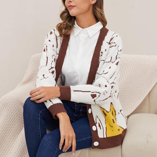 VDWIP Women Cardigan Sweater Cartoon V Neck Button Down Open Front Cat Print Knit Cardigan Vintage Sweater Outwear (Brown-Medium New1)4