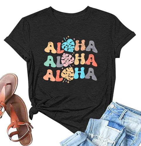 Hawaiian Shirts Women Aloha Graphic Beach T-Shirt Funny Leaves Print Short Sleeve Family Vacation Shirt