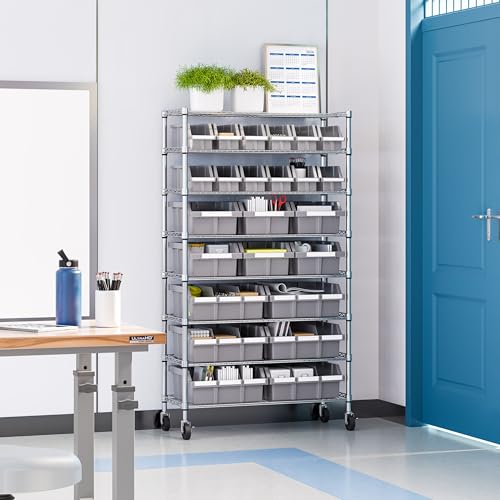 Image of 8-Tier NSF 24-Bin Steel Wire Shelving Rack, 36 inchW x 14.25 inchD x 63.5 inchH, Gray | 24 slide-out bins with tilt-lock design keep supplies organized and accessible