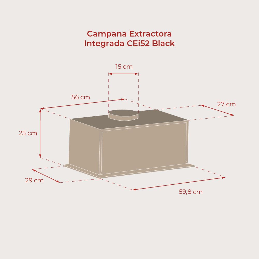 EVVO CEi52 Black - Campana Extractora 60 cm Integrable, Succión 875 m3/h, Motor 200W, Extractor de Cocina con Filtro Carbón y Aluminio, Campana Extractora Negra Silenciosa