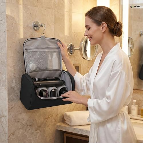 Image of Hair Styling Tools Organizer Bag - Heat Resistant Travel Storage Case with Hanging Hook | Large Capacity Hair Dryer, Straightener, Curling Iron Holder with Compartments (Black)
