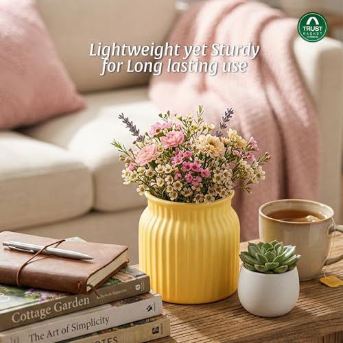Image of TrustBasket Sereno Decorative Plastic Flower Vase Set White & Yellow, Modern Table Top Home Decor Accent for Living Room Bedroom, Office, Compact Minimalist Durable Vase Set of 2