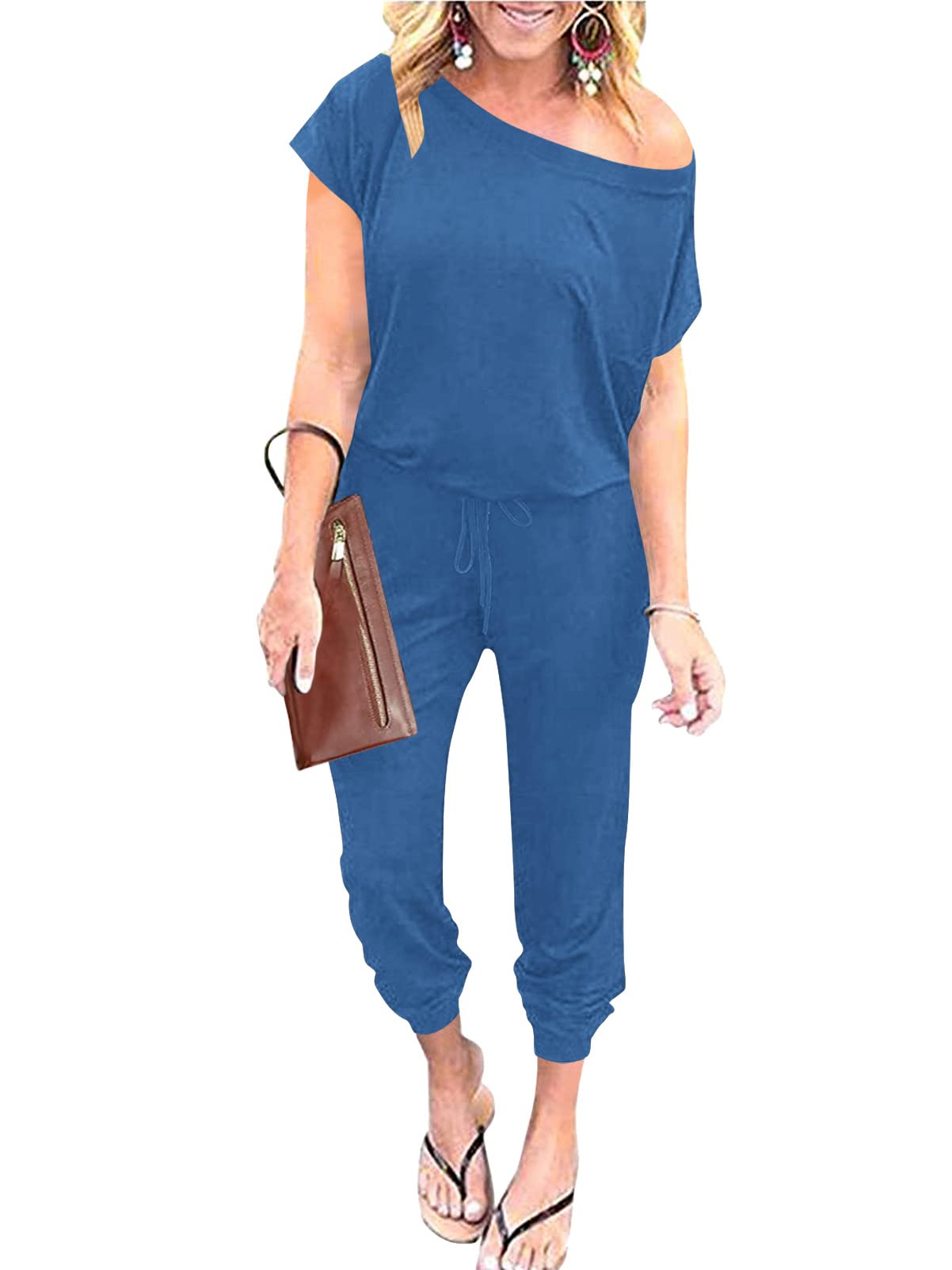 ANRABESSWomen's Loose Summer Casual Off Shoulder Elastic Waist Stretchy Long Romper Jumpsuit