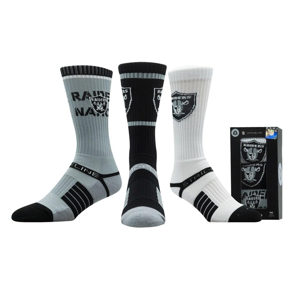 Strideline NFL Las Vegas Raiders Socken Strümpfe Premium Crew 3er Pack Socks Geschenkbox M/L (40-46)