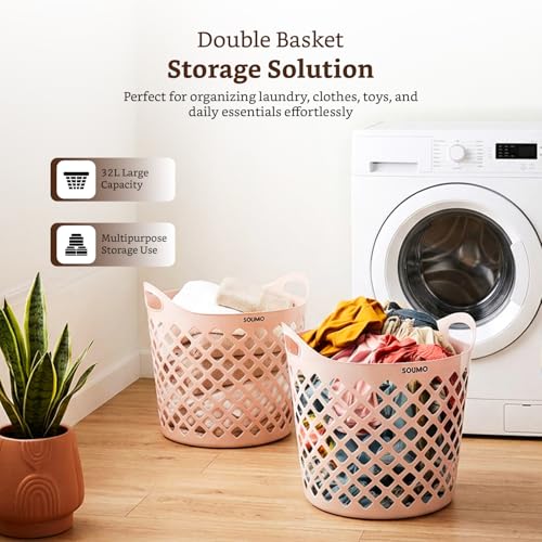 Image of Amazon Brand - Solimo Diamond Basket (32L Each, Set of 2) | Durable Plastic Storage Baskets with Handles | Ventilated Open-Weave Design | Multi-Purpose Laundry & Storage Organizer | Pink