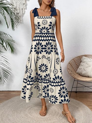 Image of Women's Floral Print Maxi Dress - Adjustable Tie-Shoulder, Lightweight Beach & Summer