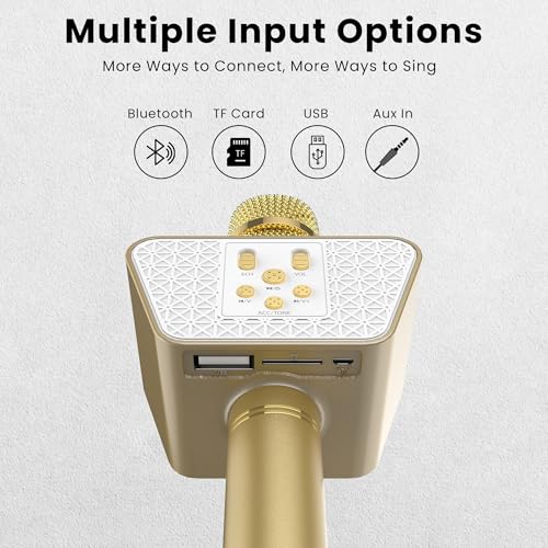 Image of LANDMARK BT55 Handheld Wireless Singing Mic Multi-Function Bluetooth Karaoke Microphone with Inbuilt Bluetooth Speaker, Recorder for Smart Phones, Laptop, Tablet - Golden