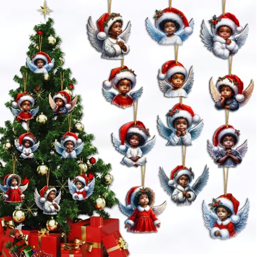 15pcs African American Black Angel Ornaments - Xmas/Christmas Wooden Decor Rustic Handmade Gift Boxed for New Year/Carnival | Home/Window/Tree/Office/Holiday Decor Black Heritage Pendants