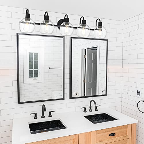 Image of 5-Lights Black Bathroom Vanity Light Fixtures Over Mirror, Modern Vanity Wall Sconce Lighting with Globe Seeded Glass Lampshades for Bedroom Kitchen Hallway
